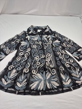 Parsley & Sage Women's L Londen Black Shear Scroll Embroidery Flare Jacket NWT